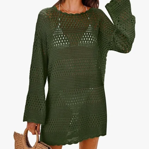 Olive Green Crochet Swim Cover-Up Dress - Picture 2 of 4
